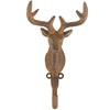 A rustic cast iron deer head wall hook with antlers, finished in a distressed brown and bronze patina, shown against a plain white background.