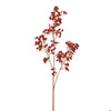 A single artificial flowering branch with clusters of small red blossoms on a light brown stem, isolated on a plain white background.